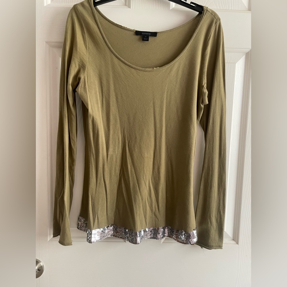 Express Olive Green Top with metallic sequin at the bottom size M